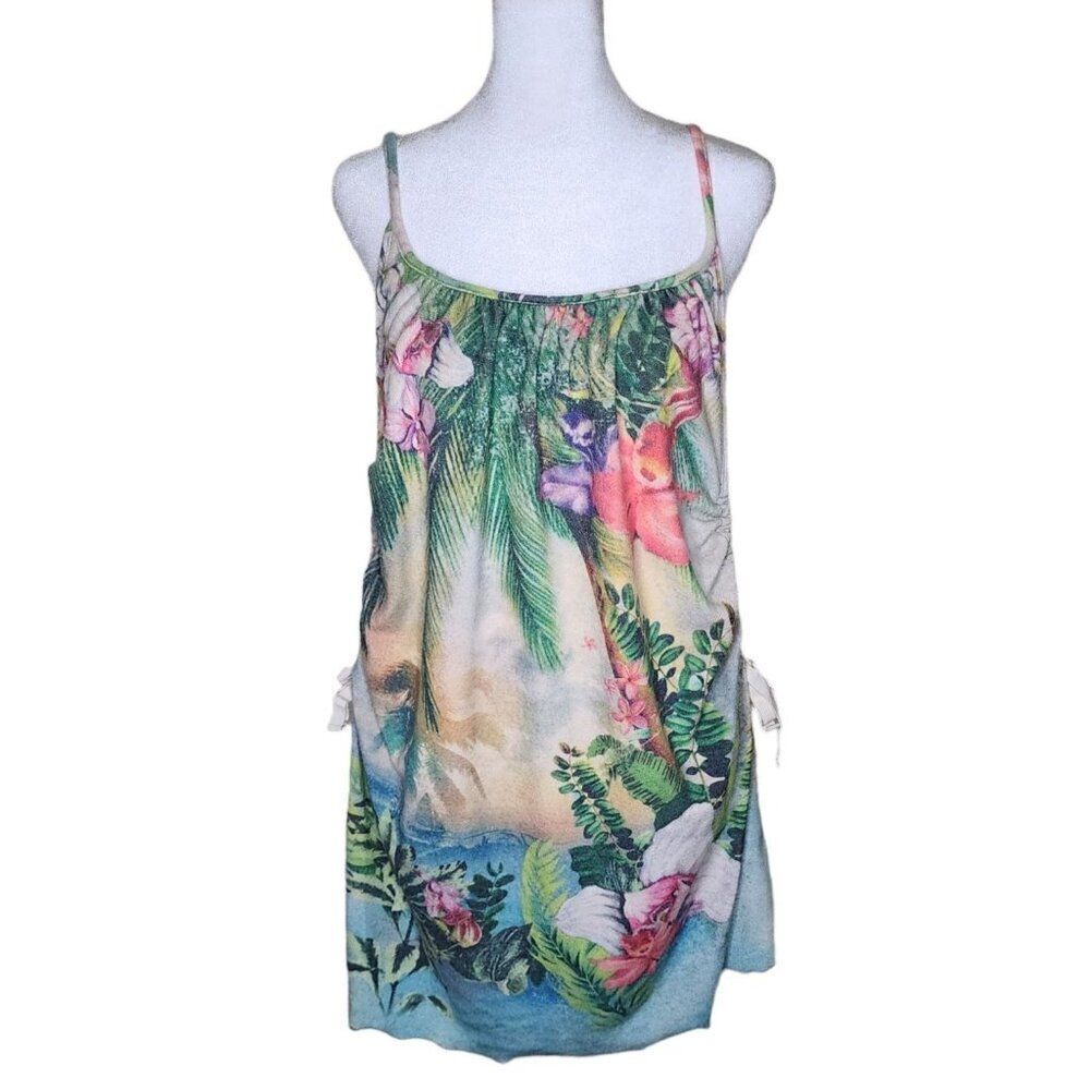 Vintage Y2K Lucky Bathing Swim Suit Cover Up Womens M Green Asian Floral Terry C